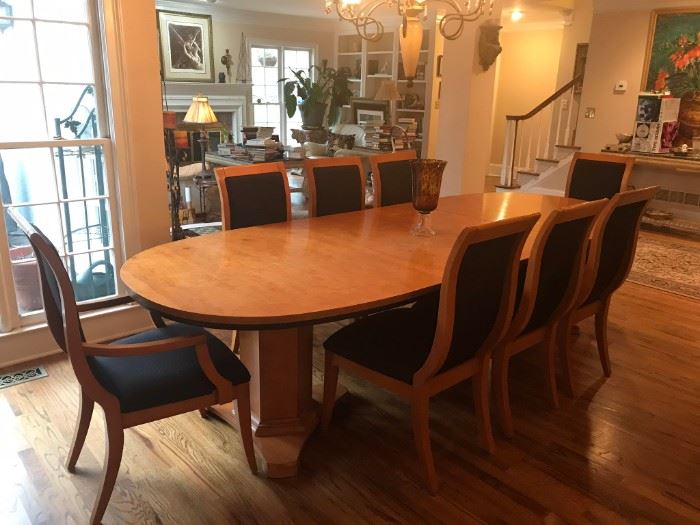 Neo-classical Birdseye Maple Pedestal Dining Table Set with 8 chairs & 2 table extensions plus matching sideboard.