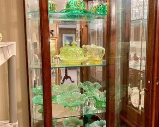 Mossed,Dolls Eye early American pattern glass emerald green, yellow opalescent Mosher Cherri Cambridge glass , Fostoria ,Fenton