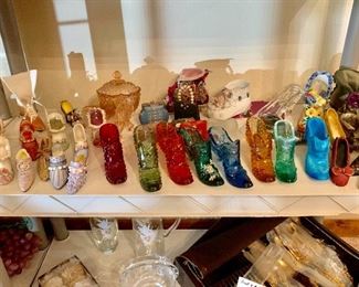 Fenton ,antique China, lamoges and Dresden shoe collection