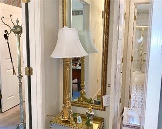 Brass box on stand, full length mirror, solid brass candlestick lamps,
