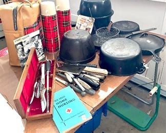 Antique and vintage cast-iron cookware ,vintage thermos set,Vintage and antique knives