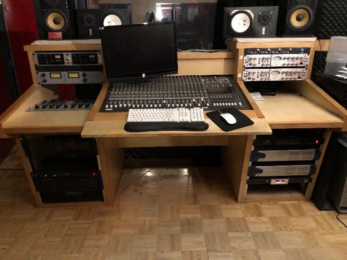 Mackie 24/8 console with custom built desk and fully wired to TT patch bay