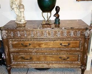 MARBLE TOP CARVED CONSOLE $400