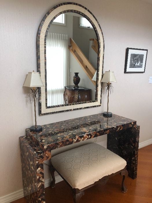Console table made from Longhorn Steer tiles, mirror made from steer and ivory tiles (ivory obtained before 1990) buffet lamps and stool