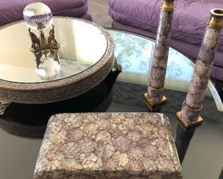 AMETHYST AND MOTHER-OF-PEARL JEWELRY BOX AND CANDLE STICKS, AND SOLID GLASS BALL ON BRASS HOLDER
