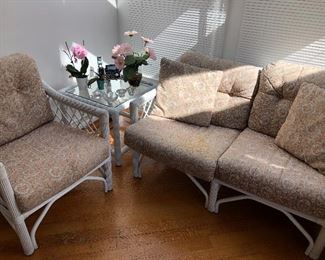 Wicker love seat, chair, side table and cart with casters available
