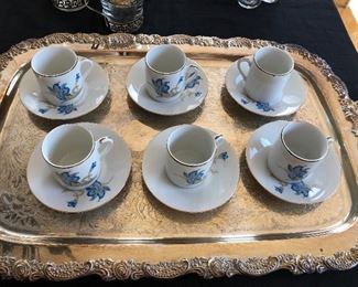 espresso cups/saucers on silver-plated large tray