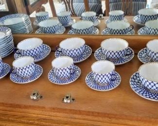 LOMONOSOV Cobalt Net 10 - 6" Plates  Total of 6 sets of Flat Cup & Saucer and 6 sets of Demitasse Cup & Saucer
