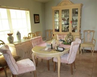 French Provencal dinning set with six chairs, buffet sideboard and hutch