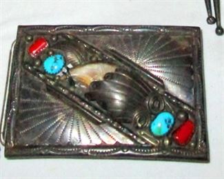 Sterling Navajo belt buckle with bear claw, turquoise and red coral.  These acquired by the grandfather  back in the 1950 s-early 1960 s in Arizona.  Marked /\/\ sterling.