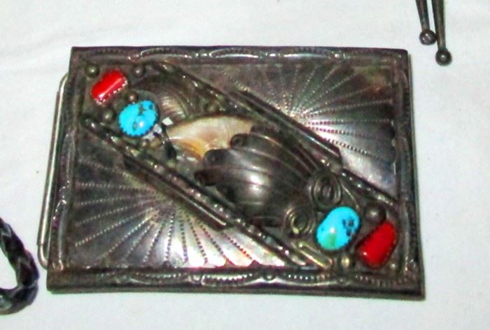 Sterling Navajo belt buckle with bear claw, turquoise and red coral.  These acquired by the grandfather  back in the 1950 s-early 1960 s in Arizona.  Marked /\/\ sterling.