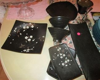 Black ceramic  inlaid sushi platters and soup bowls 