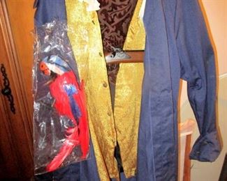 Pirate sea captain costume with parrot with velcro feet to attach to shoulder and model ball and cap pistol 