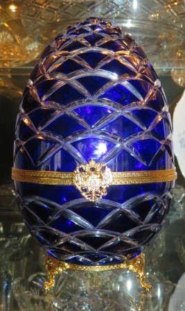 Fabergé Egg Caviar & Vodka Server Cobalt Blue Cut Crystal W/Gold Accents 