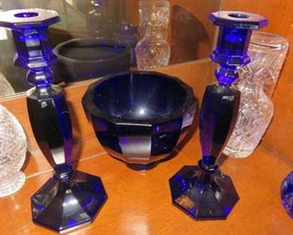 Moser Bohemian Cobalt Blue Crystal Glass Bowl & Candlesticks