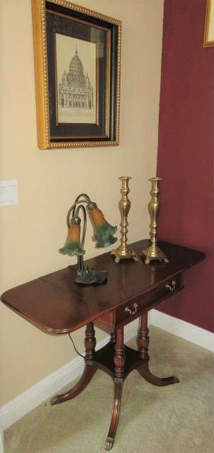 Vintage Mahogany Drop Leaf/Brass Claw Foot Accent Table w/Drawer