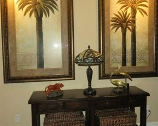 Pair Large Framed Palm Tree Prints, Console Table with Straw Baskets