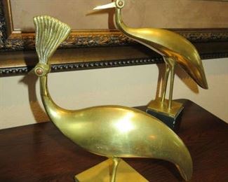 Pair Vintage Mid Century Modern Brass Peacocks Table Sculpture Figurine