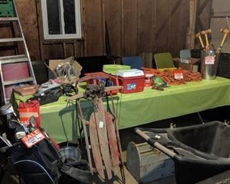 Golf clubs, golf club cart, old sled, wheelbarrow, coolers, extension cords, ladder, croquet set, crate and barrel low wood table for ravinia/outside events (brand new, still in packaging)