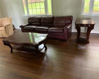 Brown Leather Sofa / 3 Pieces Matching Carved Coffee Table - End Table Sofa Table