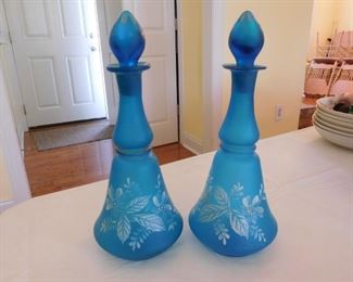 Pair of Hand Painted and Hand Blown Cologne Bottles