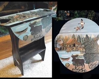 Hand Painted Cabin Motif  Small Side Table.  