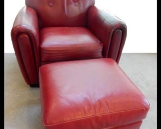 Oversized Red Leather Chair and Ottoman.