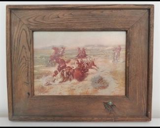 Rustic Framed Vintage Western Print by Charles Russell.  Notice the imbedding of  a small nugget of turquoise. 