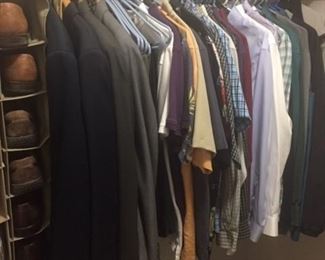 Men's clothing and shoes including sport coat; dress shirts, slacks, shoes and ties; casual shirts and pants; and sweaters; warm coat and jackets