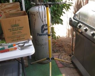 Commercial Series Char-Broil Grill 3 Burner. 2-Shop Work Lights. Large Propane Tank in Background