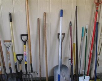 Large Array of Rakes, Shovels, Pitch Forks