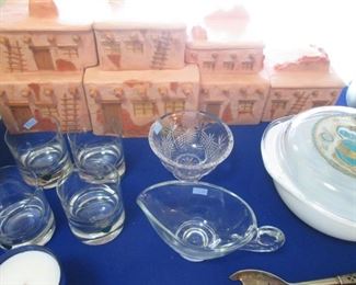 Pueblo Southwest-Themed Canister Set + Glassware and Vintage Covered Oven Ware