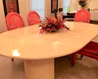 Karl Springer style knife edge dining table, covered in Freeform Inlay Goatskin Parchment & Lacquer Sealed...includes 2 center-mount leaves