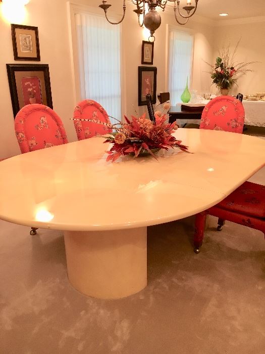 Karl Springer style knife edge dining table, covered in Freeform Inlay Goatskin Parchment & Lacquer Sealed...includes 2 center-mount leaves