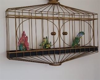 Wall Mount Faux Bird Cage with Pottery Birds