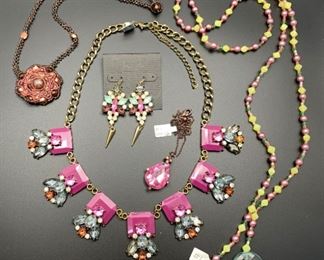 Newer statement costume jewelry, final clearance priced at 2/3 off all weekend! Buy it now - bead woven necklace $10, purple necklace $22, beaded lariat necklace $10, pendant necklace $15, earrings $13.