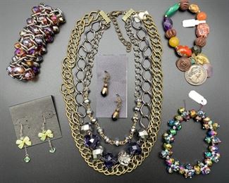 Newer statement costume jewelry, final clearance priced at 2/3 off all weekend! Buy it now - wide stretch bracelet $18, bow earrings $12, necklace $22, coin dangle bracelet $10, iris bead stretch bracelet $10, AD/Adornments earrings $10.