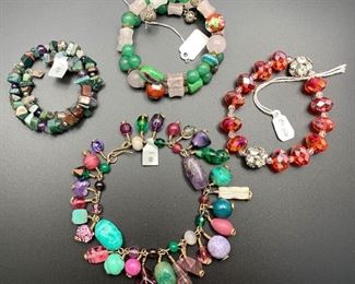 Newer statement costume jewelry, final clearance priced at 2/3 off all weekend! Buy it now - semi-precious stone coil bracelet $10, rose quartz coil bracelet $20, orange crystal stretch bracelet $12, vintage bead dangle bracelet $25.