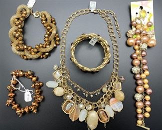 Newer statement costume jewelry, final clearance priced at 2/3 off all weekend! Buy it now - twisted bracelet $16, copper crystal bracelet $8, flat crystal bracelet $20, necklace $22, bauble bracelet and earrings set $22.