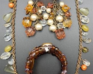 Newer statement costume jewelry, final clearance priced at 2/3 off all weekend! Buy it now - statement bauble clip earrings $30, dangle necklace $9, brown glass bead coil bracelet with tiger's eye $10.