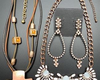 Newer statement costume jewelry, final clearance priced at 2/3 off all weekend! Buy it now - Chico's cross necklace $20, rose gold tone necklace $20, rose gold tone earrings $13.