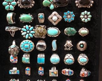 Newer sterling silver Native American rings for women and men (and a few other sterling silver rings mixed in,) 50% off.
