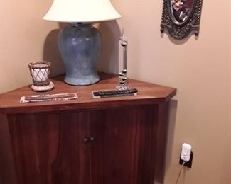 Corner chest, lamp, Galilean thermometer, mirror
