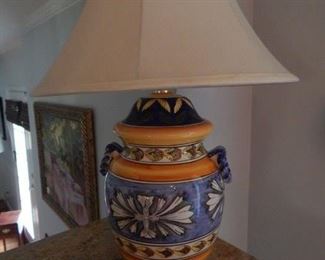 Nice large table lamp. Painted pottery.