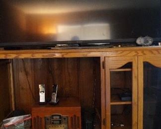 handcrafted TV cabinet, Crosley stereo, 70 inch Flat Screen TV