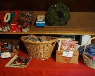 Christmas décor, craft and sewing magazines, fabric