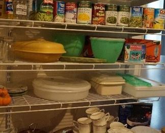 Tupperware dishes, household, canned goods