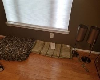 Brown rug is 5' x 7.5'. Green is 3' x 5'. Lamps - sold.