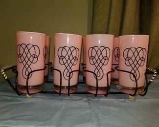 Set of 8 pink vintage glasses and tray