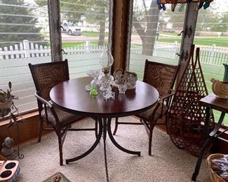 Table, Wicker Chairs, Vintage Snow Shoes